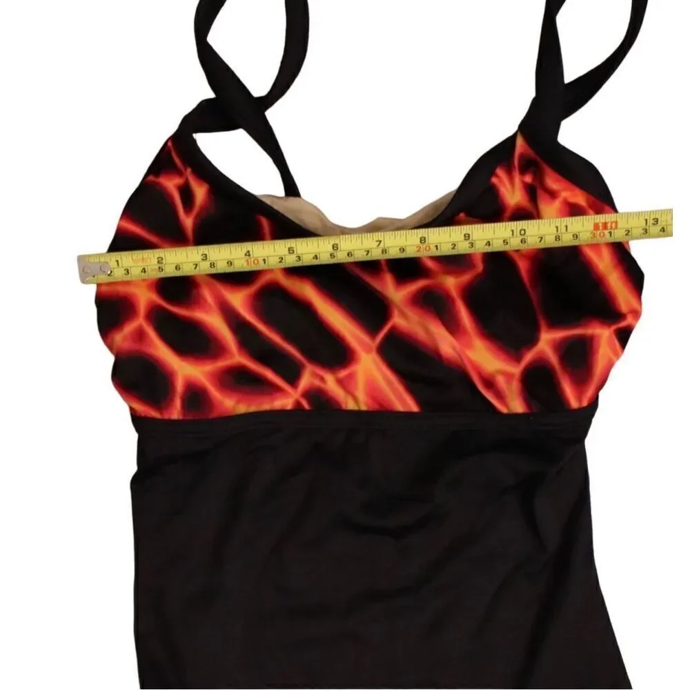 A & H Sportswear On Fire Black‎ Tank 1pc Swimsuit Built in Bra sz MEDIUM (8-10)